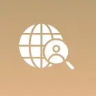 Globe with magnifying glass and person icon.